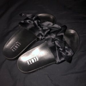 Rihanna Fenty puma black satin bow slides